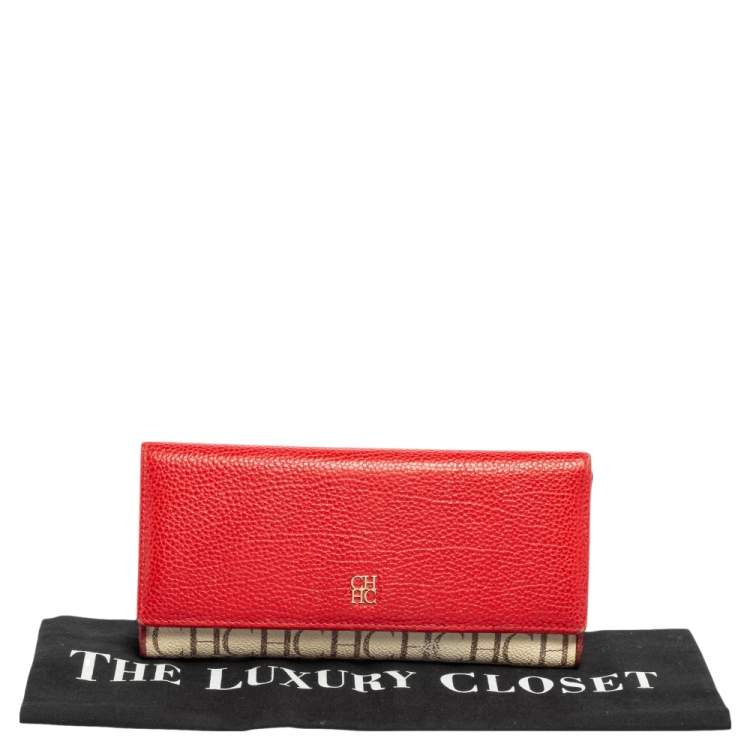 Pre Owned Carolina Herrera Beige/Red Monogram Coated Canvas and Leather Continental Wallet