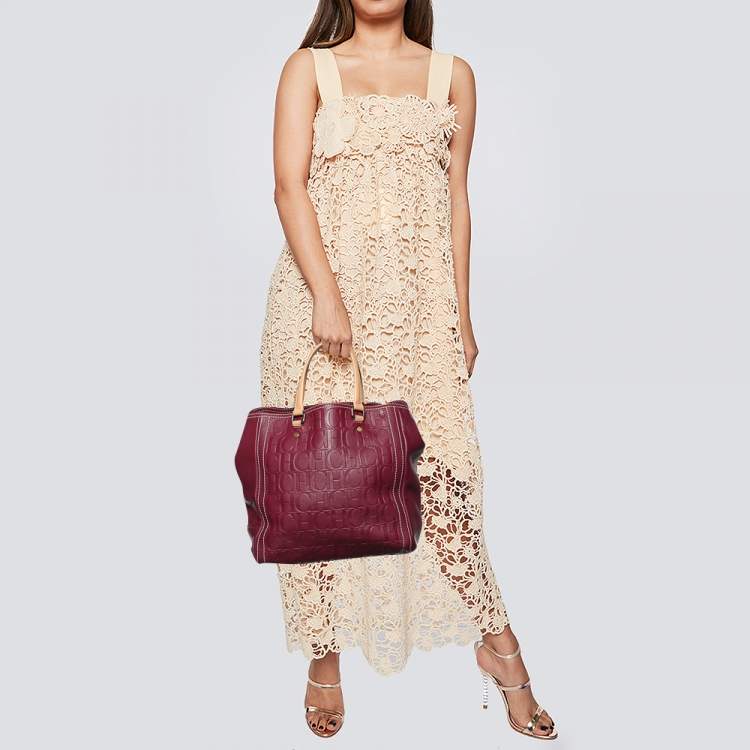 Pre Owned Carolina Herrera Purple Monogram Embossed Leather Andy Tote