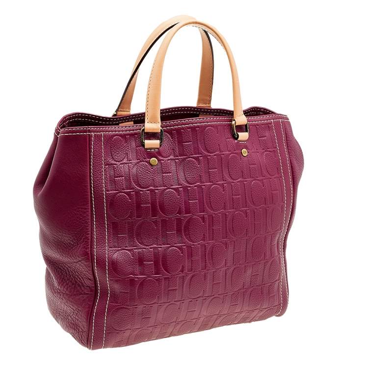 Pre Owned Carolina Herrera Purple Monogram Embossed Leather Andy Tote