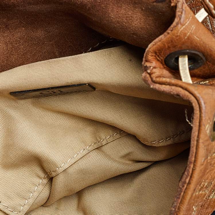 Pre Owned Carolina Herrera Brown/Gold Monogram Embossed Leather Shoulder Bag