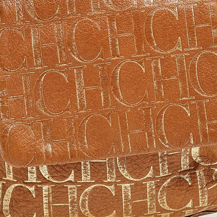 Pre Owned Carolina Herrera Brown/Gold Monogram Embossed Leather Shoulder Bag