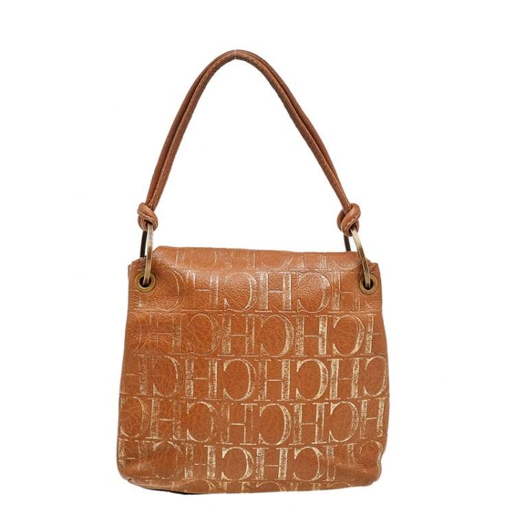 Pre Owned Carolina Herrera Brown/Gold Monogram Embossed Leather Shoulder Bag