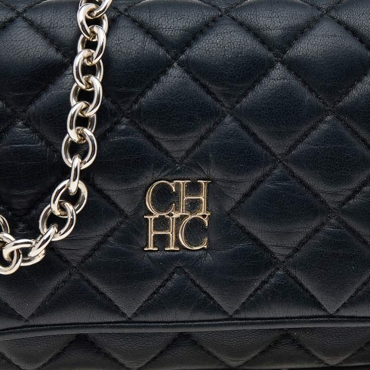 Pre Owned Carolina Herrera Black Quilted Leather Chain Shoulder Bag