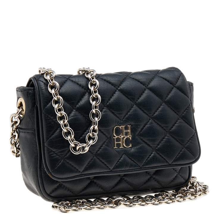 Pre Owned Carolina Herrera Black Quilted Leather Chain Shoulder Bag