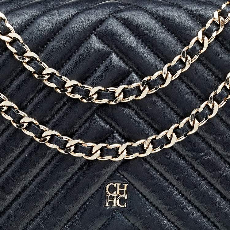 Pre Owned Carolina Herrera Black Quilted Leather Flap Chain Shoulder Bag