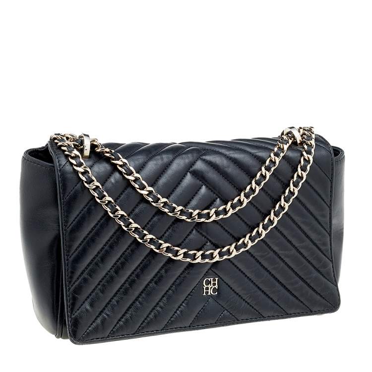 Pre Owned Carolina Herrera Black Quilted Leather Flap Chain Shoulder Bag