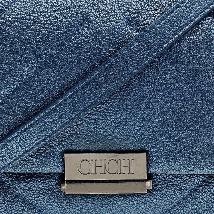 Pre Owned Carolina Herrera Blue Quilted Leather Flap Shoulder Bag
