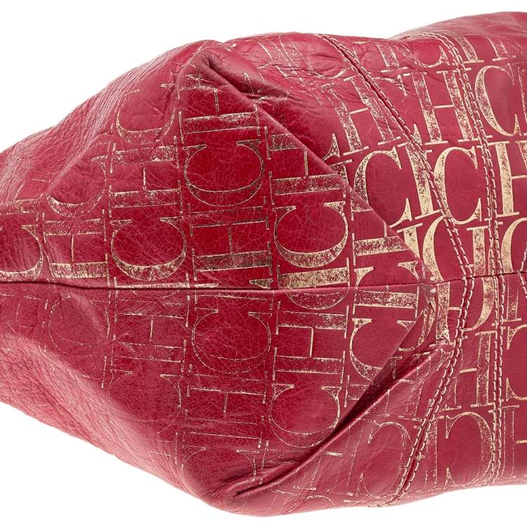 Pre Owned Carolina Herrera Red/Gold Monogram Embossed Leather Chain Tote