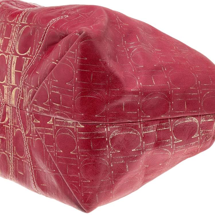 Pre Owned Carolina Herrera Red/Gold Monogram Embossed Leather Chain Tote