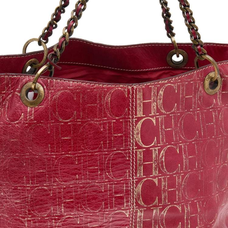 Pre Owned Carolina Herrera Red/Gold Monogram Embossed Leather Chain Tote