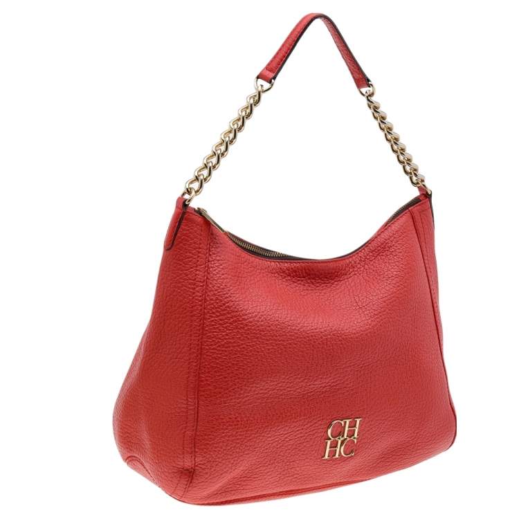 Pre Owned Carolina Herrera Orange Leather Zip Chain Hobo