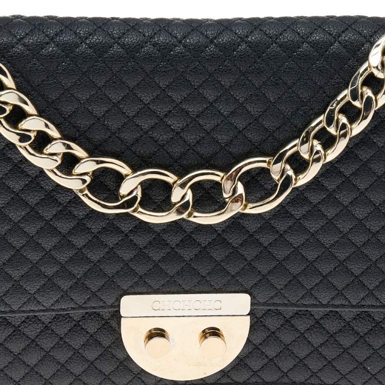 Pre Owned Carolina Herrera Black Quilted Textured Leather Flap Shoulder Bag