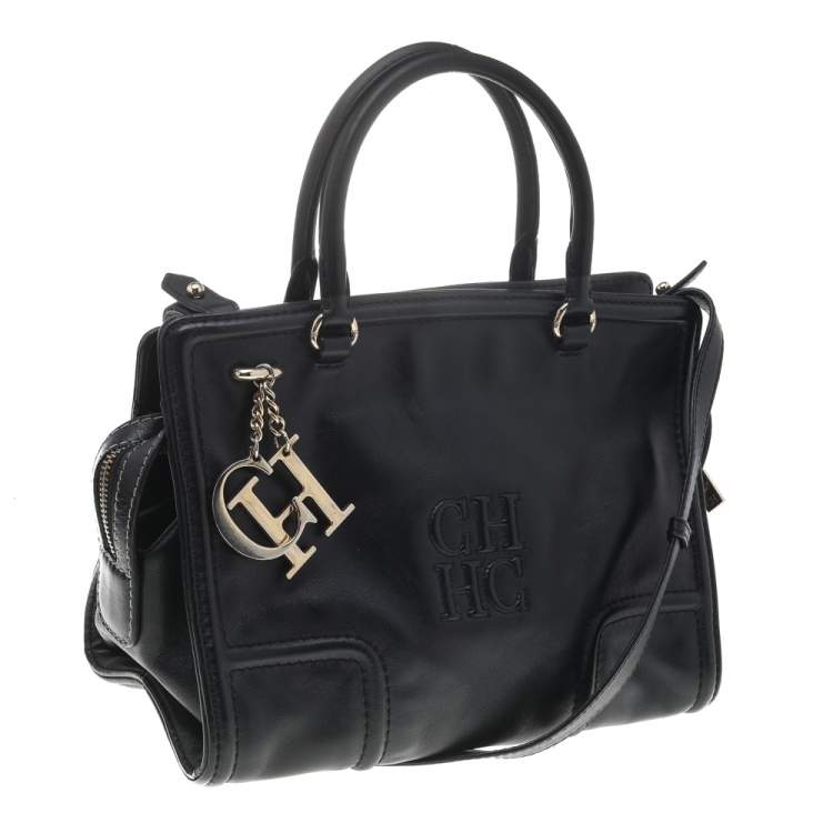 Pre Owned Carolina Herrera Black Leather CHCH Logo Tote