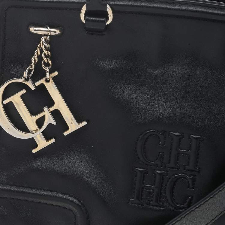 Pre Owned Carolina Herrera Black Leather CHCH Logo Tote