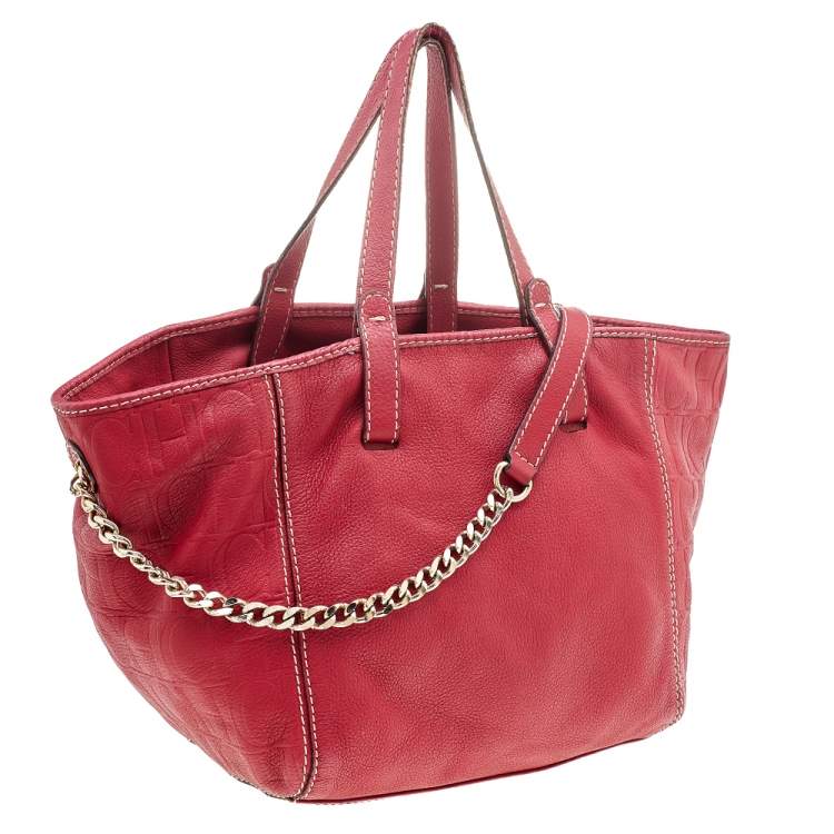 Pre Owned Carolina Herrera Red Monogram Embossed Leather Chain Tote
