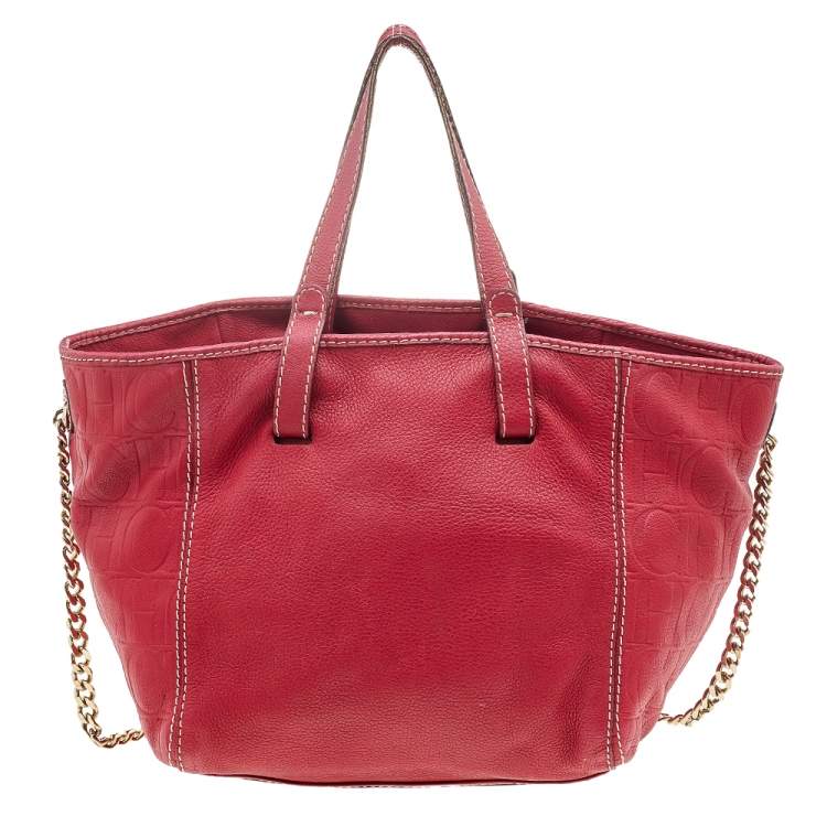 Pre Owned Carolina Herrera Red Monogram Embossed Leather Chain Tote