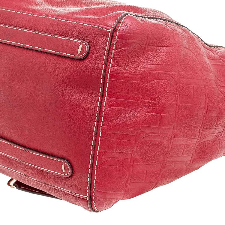 Pre Owned Carolina Herrera Red Monogram Embossed Leather Chain Tote