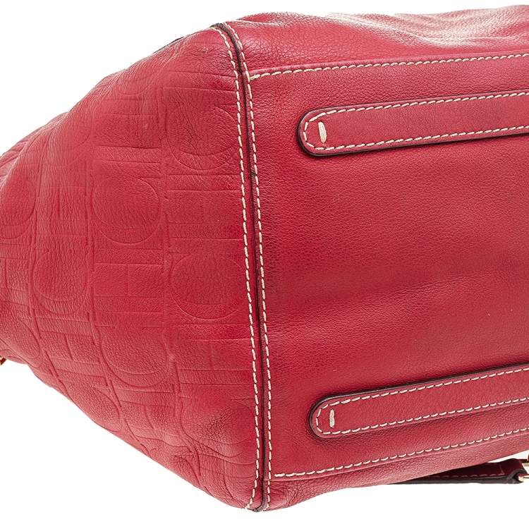 Pre Owned Carolina Herrera Red Monogram Embossed Leather Chain Tote