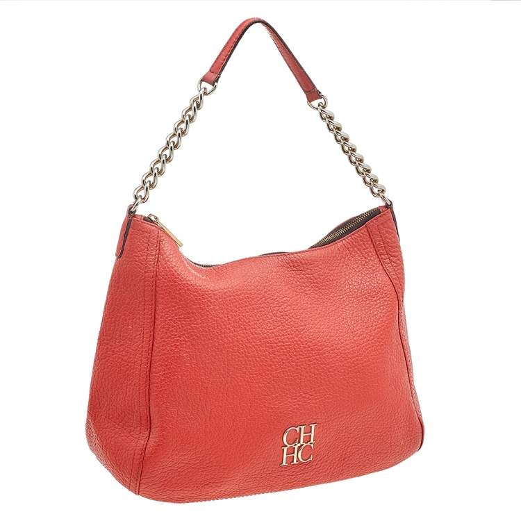 Pre Owned Carolina Herrera Orange Leather Chain Hobo