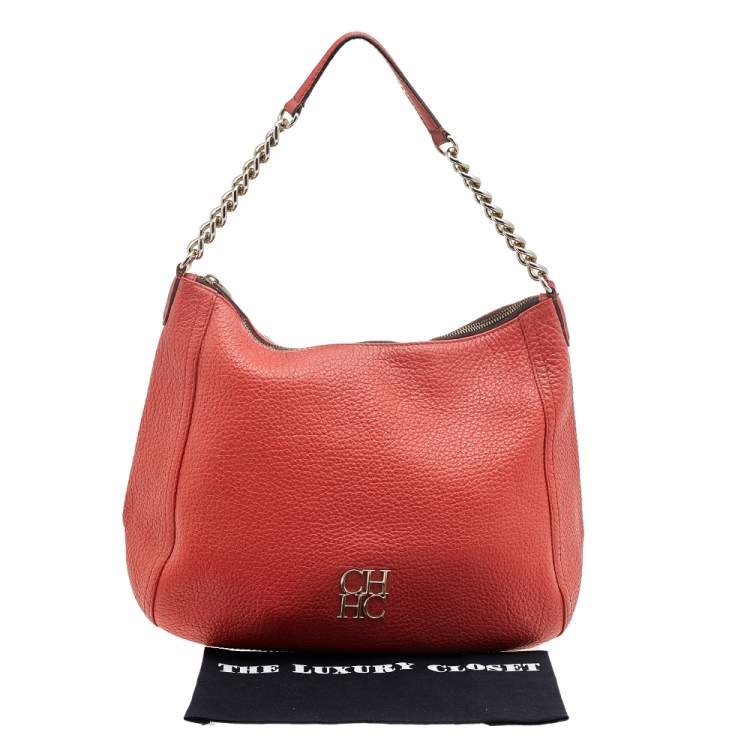 Pre Owned Carolina Herrera Orange Leather Chain Hobo