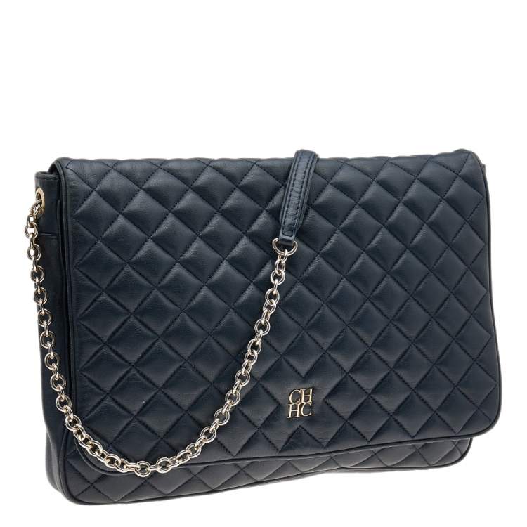 Pre Owned Carolina Herrera Navy Blue Quilted Leather Flap Chain Shoulder Bag