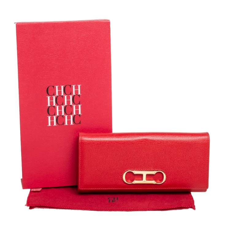 Pre Owned Carolina Herrera Red Leather Logo Flap Continental Wallet