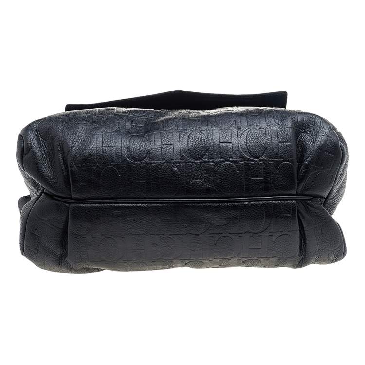 Pre Owned Carolina Herrera Black Monogram Embossed Leather Tassel Flap Top Handle Bag