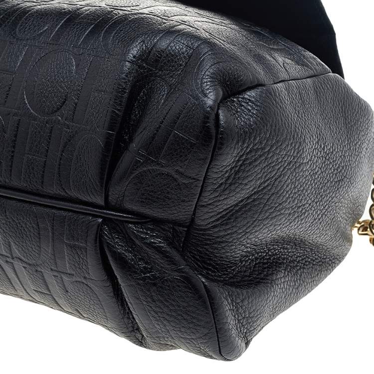 Pre Owned Carolina Herrera Black Monogram Embossed Leather Tassel Flap Top Handle Bag