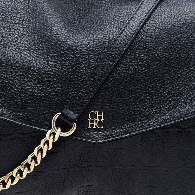 Pre Owned Carolina Herrera Black Monogram Embossed Leather Tassel Flap Top Handle Bag