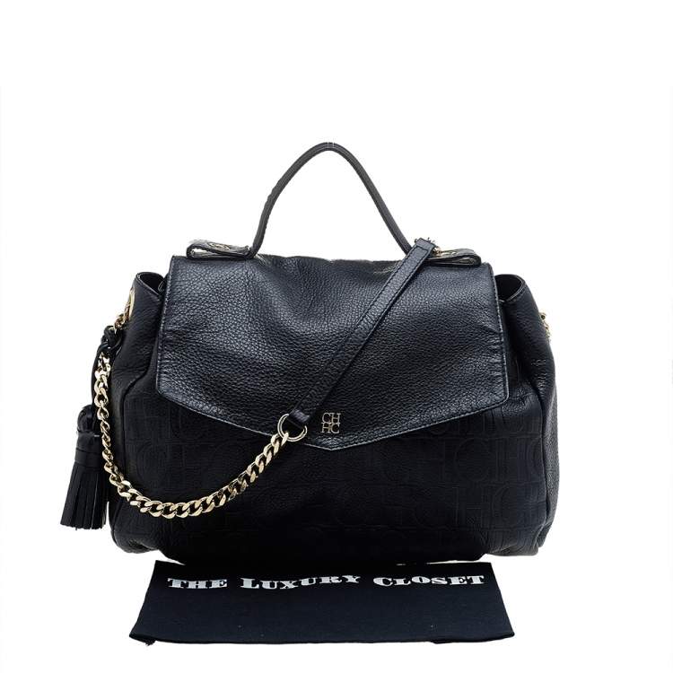Pre Owned Carolina Herrera Black Monogram Embossed Leather Tassel Flap Top Handle Bag