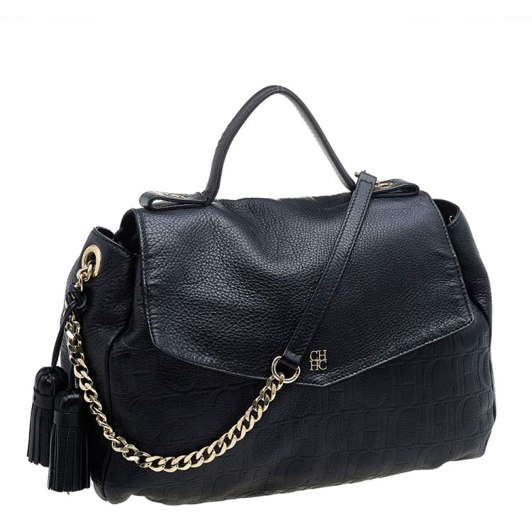 Pre Owned Carolina Herrera Black Monogram Embossed Leather Tassel Flap Top Handle Bag