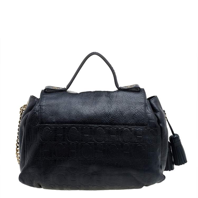 Pre Owned Carolina Herrera Black Monogram Embossed Leather Tassel Flap Top Handle Bag