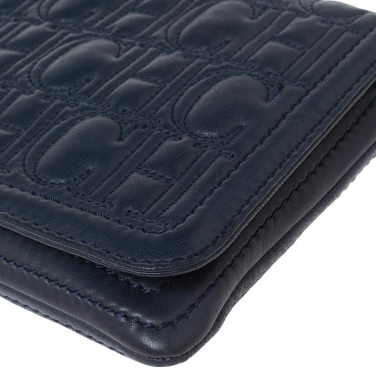 Pre Owned Carolina Herrera Navy Blue Quilted Leather Flap Chain Clutch