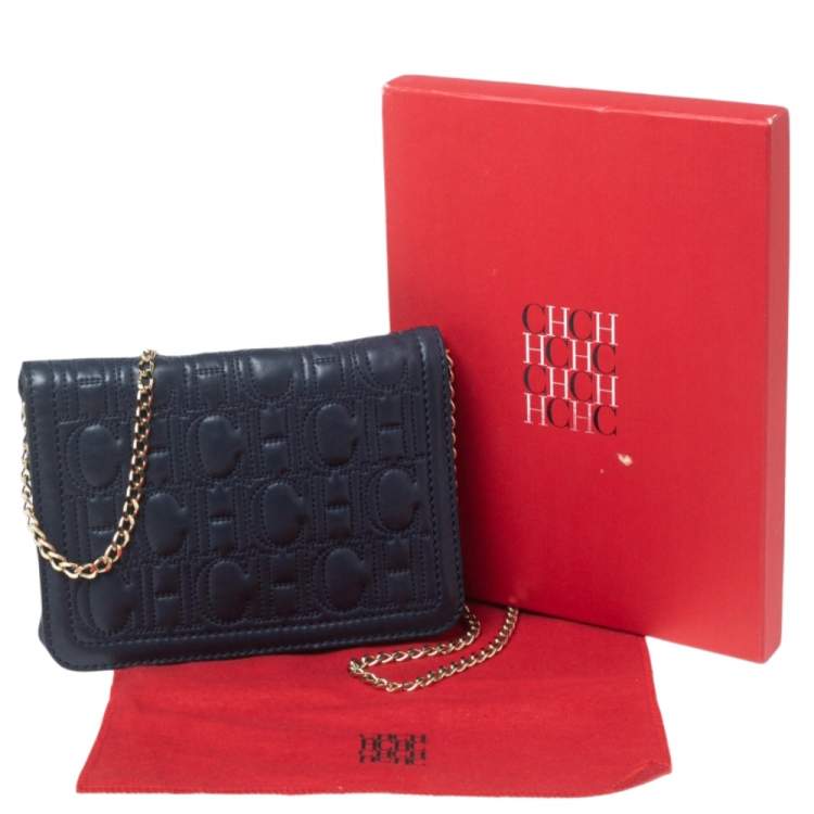 Pre Owned Carolina Herrera Navy Blue Quilted Leather Flap Chain Clutch