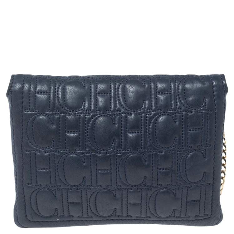 Pre Owned Carolina Herrera Navy Blue Quilted Leather Flap Chain Clutch