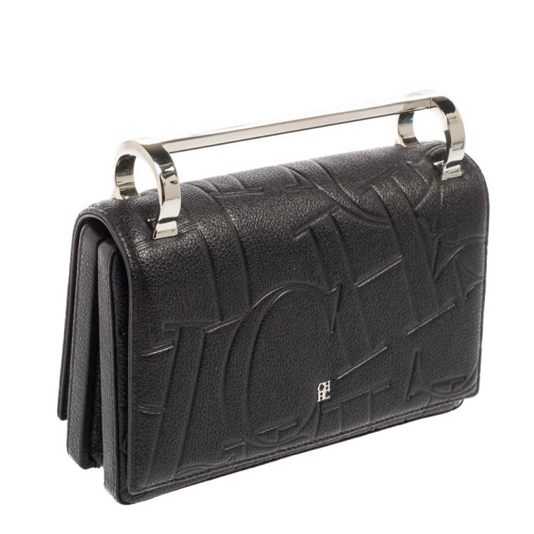 Pre Owned Carolina Herrera Black Logo Embossed Leather Insignia Top Handle Bag