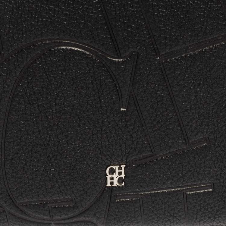 Pre Owned Carolina Herrera Black Logo Embossed Leather Insignia Top Handle Bag