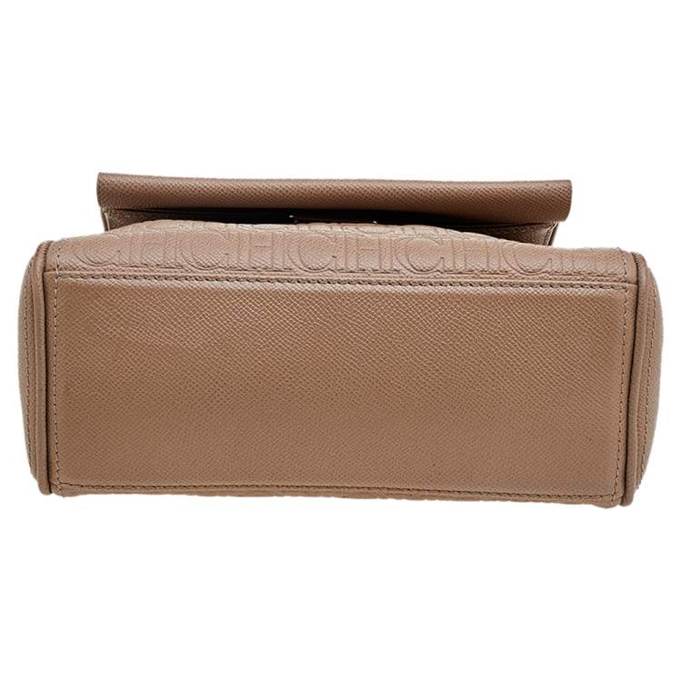 Pre Owned Carolina Herrera Beige Leather Monogram Embossed Minuetto Top Handle Bag
