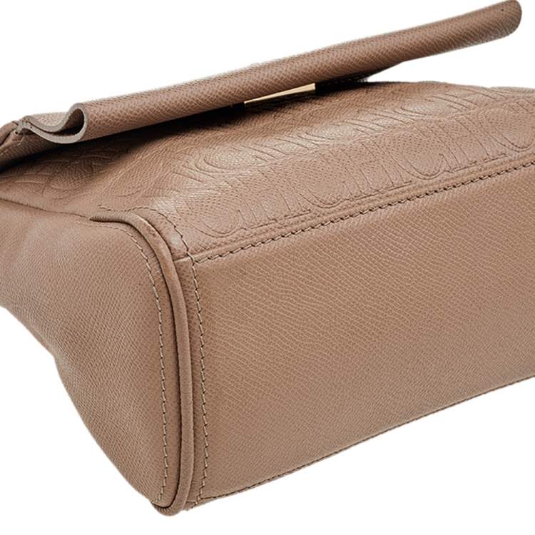 Pre Owned Carolina Herrera Beige Leather Monogram Embossed Minuetto Top Handle Bag