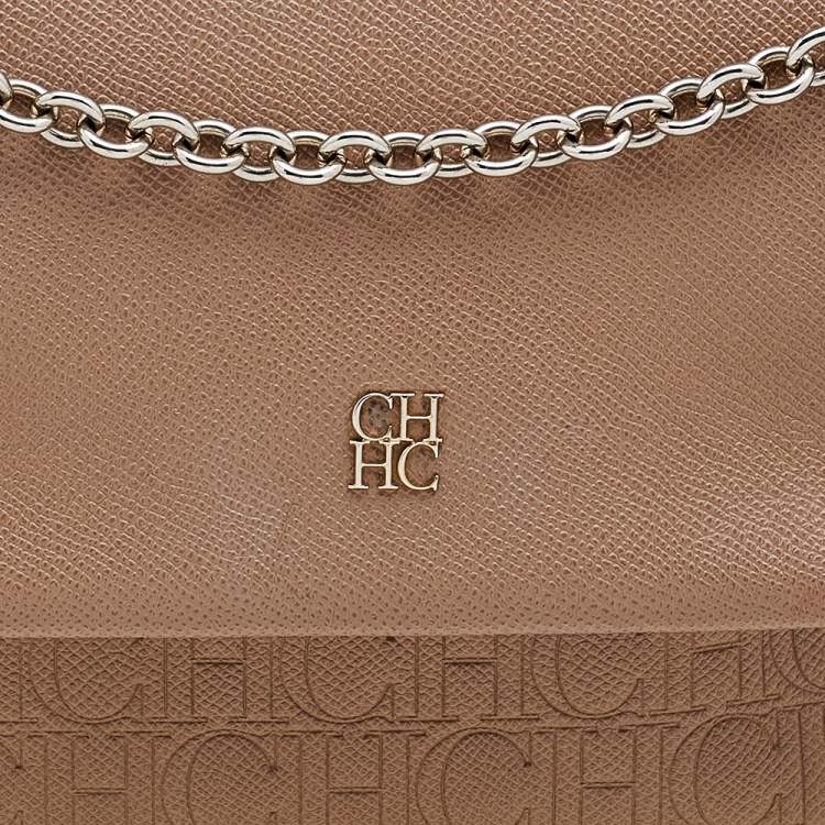 Pre Owned Carolina Herrera Beige Leather Monogram Embossed Minuetto Top Handle Bag