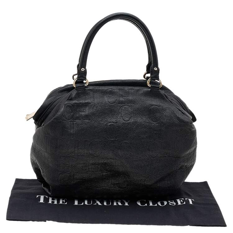 Pre Owned Carolina Herrera Black Monogram Embossed Leather Boston Bag