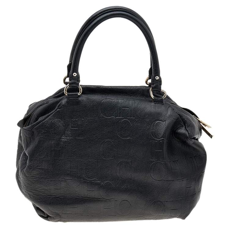 Pre Owned Carolina Herrera Black Monogram Embossed Leather Boston Bag