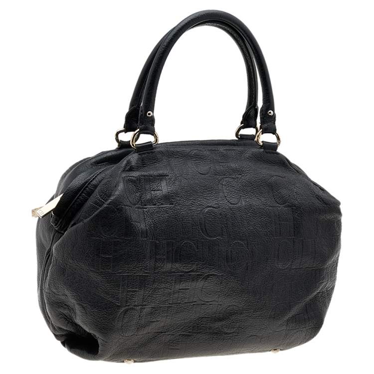 Pre Owned Carolina Herrera Black Monogram Embossed Leather Boston Bag