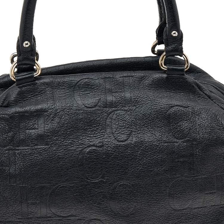 Pre Owned Carolina Herrera Black Monogram Embossed Leather Boston Bag