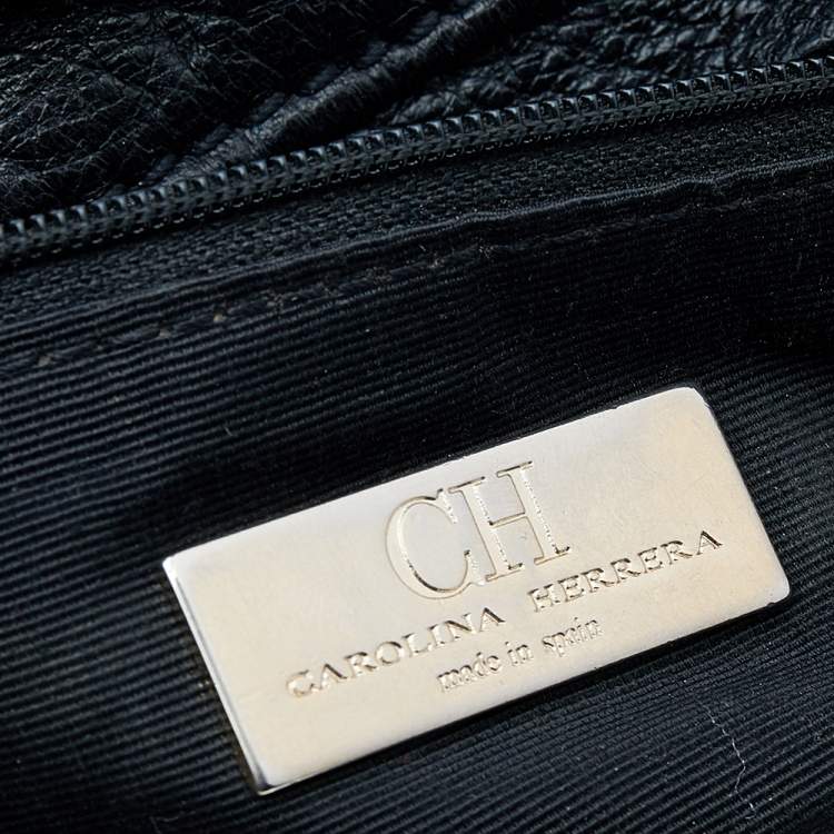 Pre Owned Carolina Herrera Black Monogram Embossed Leather Boston Bag