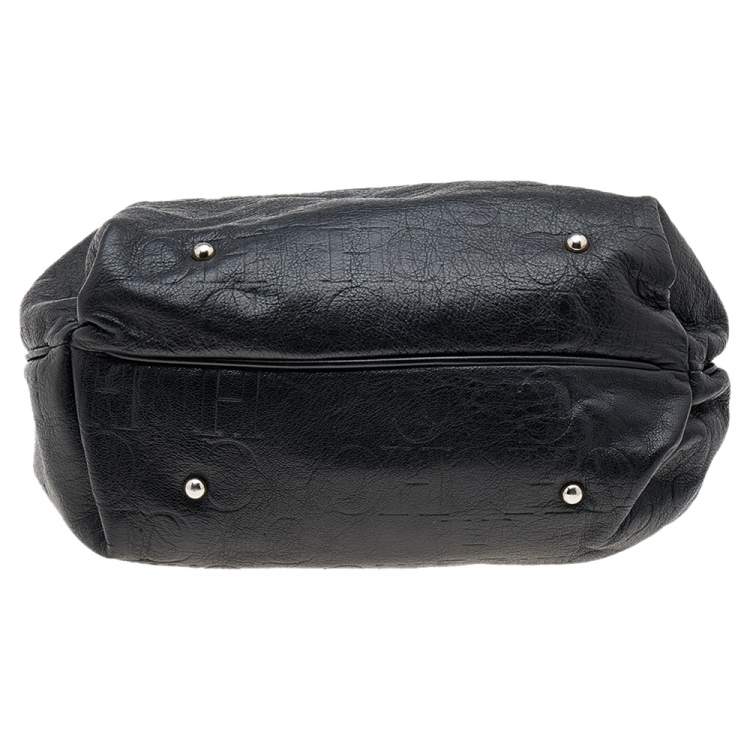 Pre Owned Carolina Herrera Black Monogram Embossed Leather Boston Bag