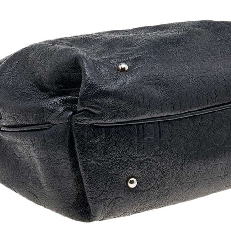 Pre Owned Carolina Herrera Black Monogram Embossed Leather Boston Bag