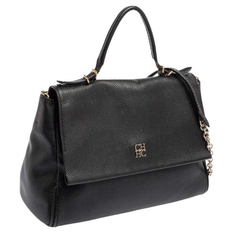 Pre Owned Carolina Herrera Black Leather Minuetto Flap Top Handle Bag
