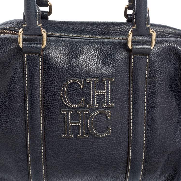 Pre Owned Carolina Herrera Navy Blue Leather Andy Boston Bag