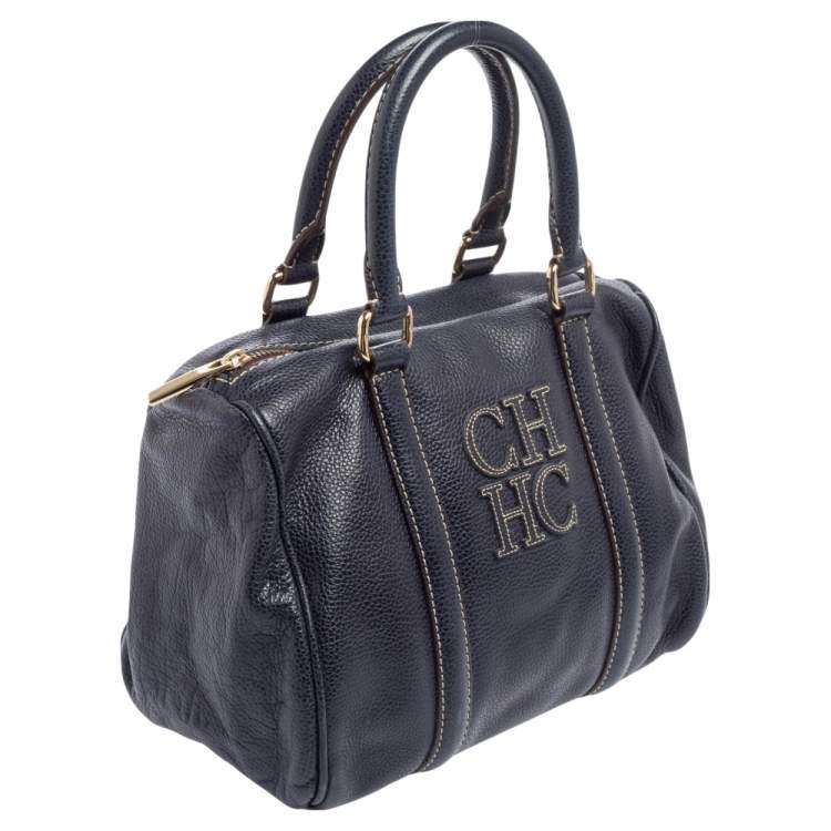 Pre Owned Carolina Herrera Navy Blue Leather Andy Boston Bag